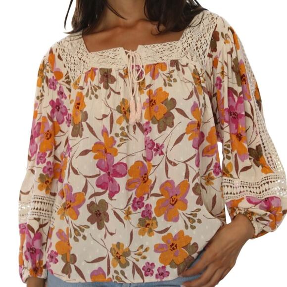 Angie Prairie Blouse 1X Floral Boho Crochet Lace Swiss Dot Tassel Square Neck - Picture 1 of 13